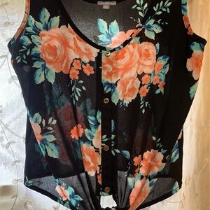 Charlotte Russe Black Floral Tie-Front Camisole - Coral & Teal